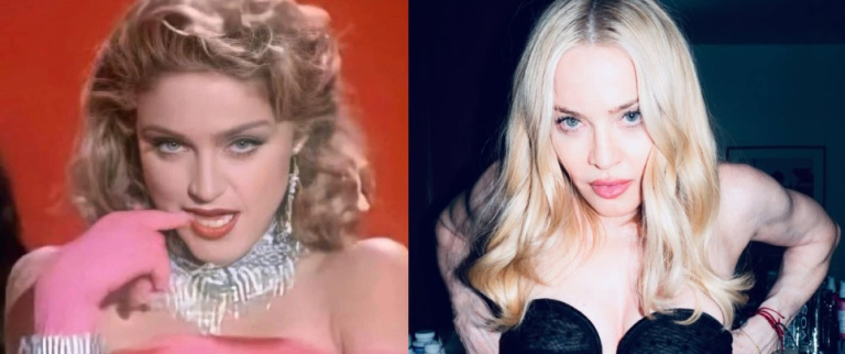 Мадонна в клипе «Material Girl» (1985) и в 2025 году